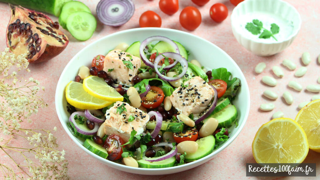 salade haricots tarbais saumon grenade concombre tomate