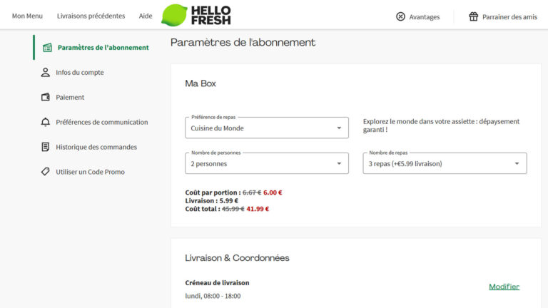 parametres compte hello fresh